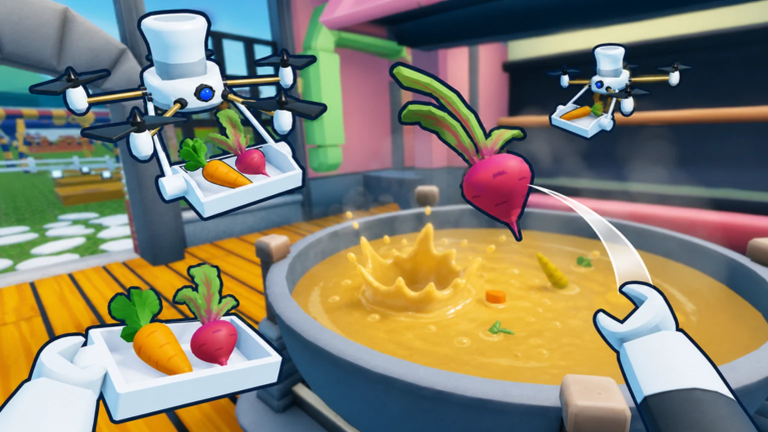 Official Automate a Restaurant scene with cooking drones and ingredients